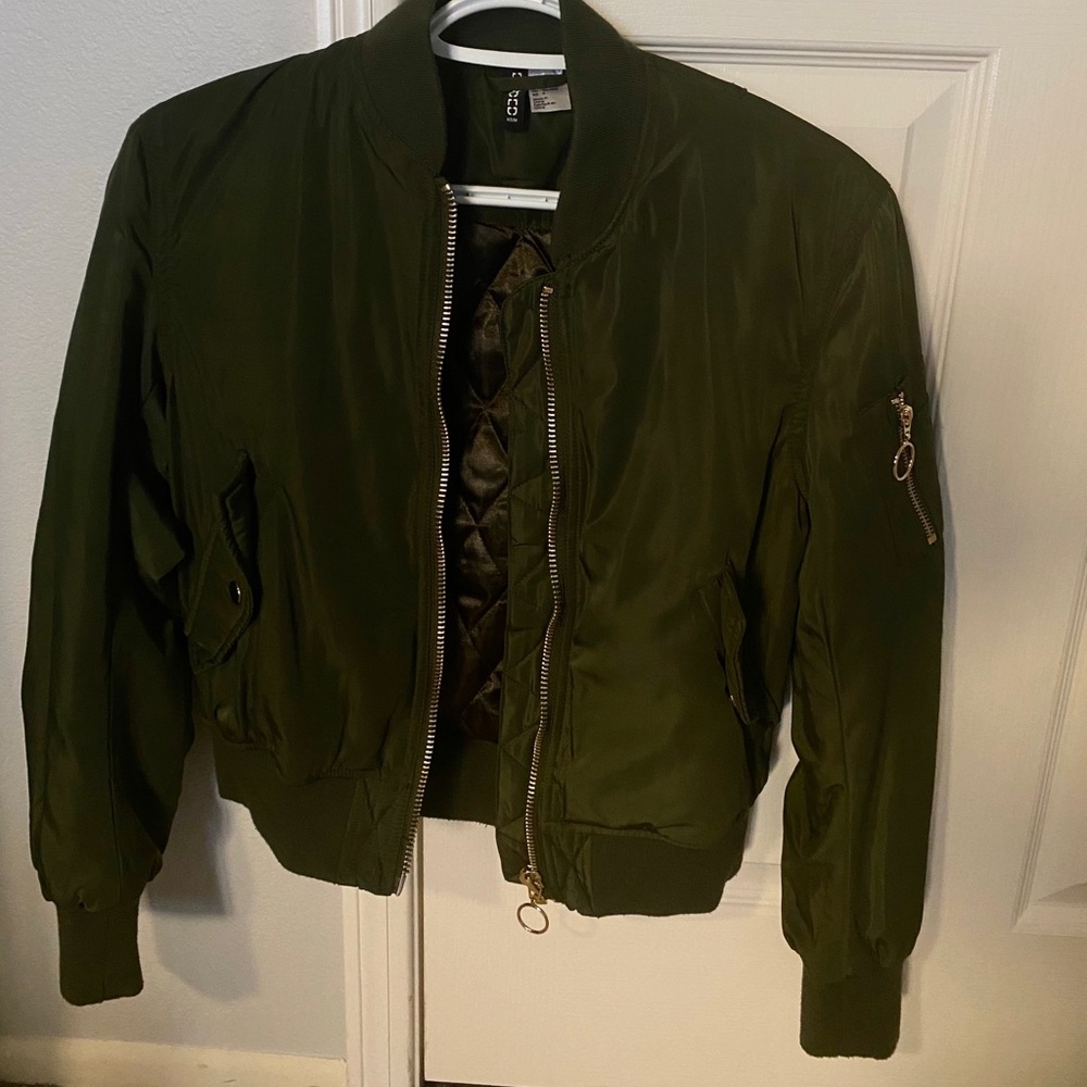 Olive green bomber jacket with satin lining